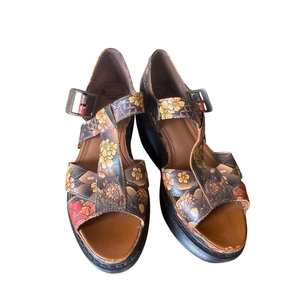 Dr. Martens Adaya Tan Tattoo Floral Wedge Sandals Japanese Chunky 1970s 8